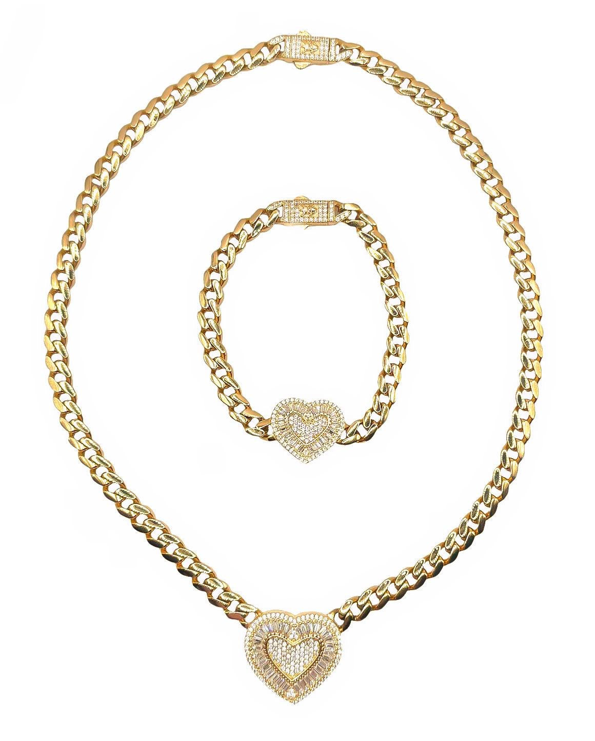 Monaco Heart Set 14k Necklace 18in, Bracelet 7in And A Half